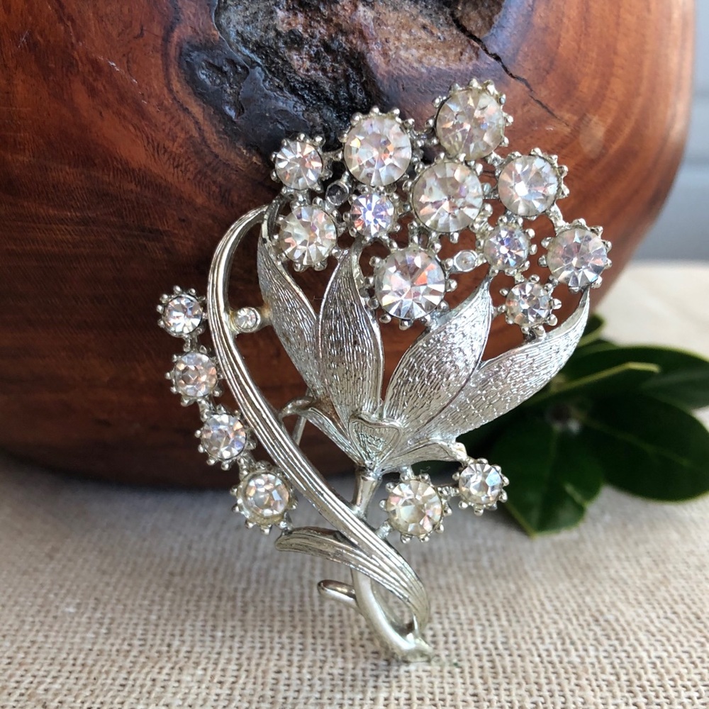 Vintage Silver Floral Brooch with Clear Crystal Accents